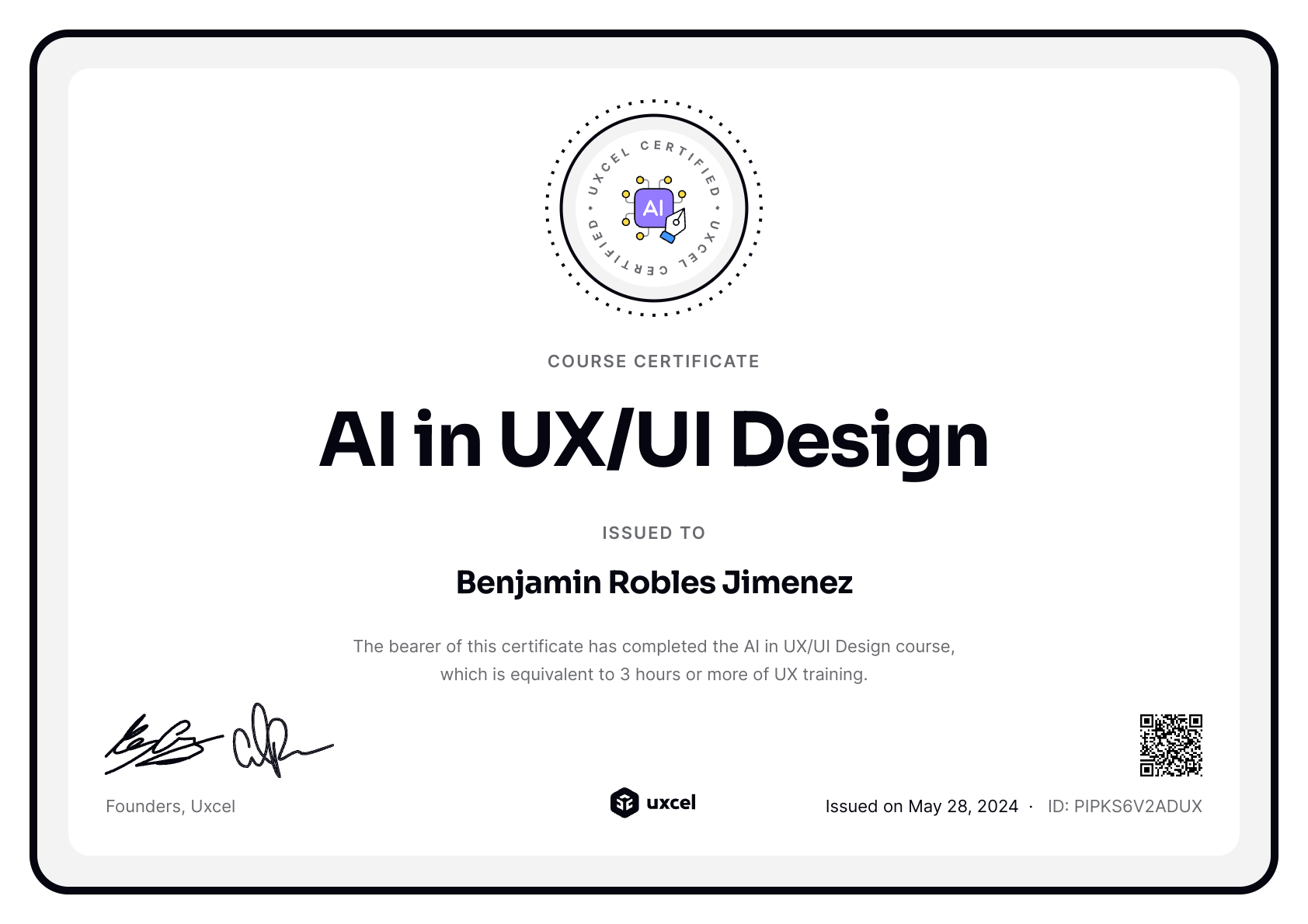 Benjamin Robles Jimenez's certificate